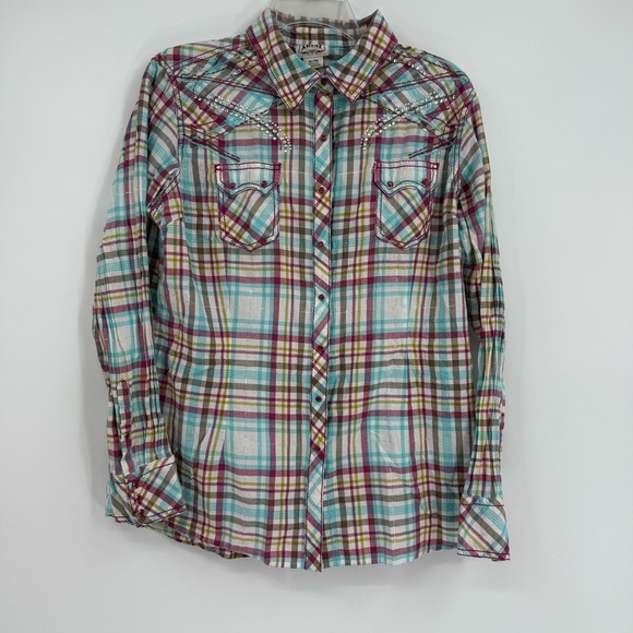 Ariat Women's Long Sleeve Top Plaid Pearl Snap Shirt Size XL Sequins Western - Picture 10 of 10